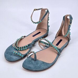 Stuart Weitzman Leya Suede Gladiator Turquoise Cabochon Sandals Spain 10